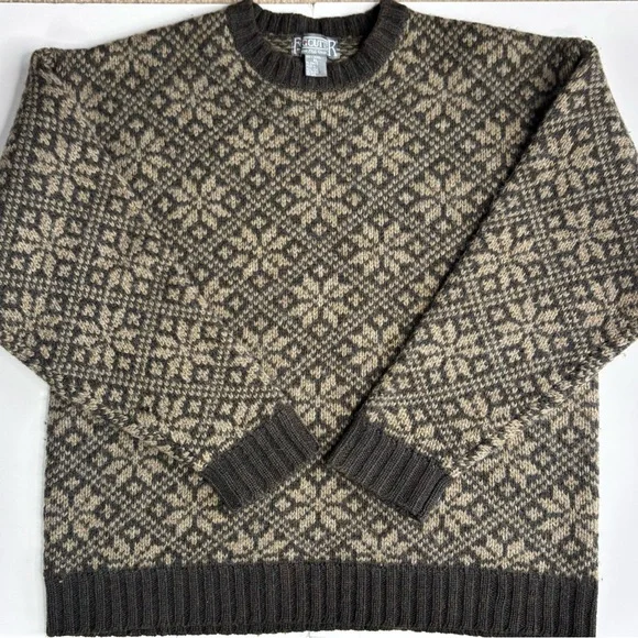 Vintage 90s Fogcutter Moss Brown Nordic Print 100% Wool Heavy Winter Sweater‎ XL